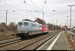 Überraschende Sichtung:
151 165-8 mit 151 101-3 der Saar-Rail GmbH (Saarstahl AG) als Lokzug durchfährt, fernab der Heimat, den Bahnhof Angersdorf auf der Bahnstrecke Halle–Hann. Münden (KBS 590) Richtung Sangerhausen.
[4.1.2019 | 14:42 Uhr]