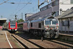 Nachschuss auf ein RheinCargo-Doppel mit einer 187 und einer 266, das den Bahnhof Ludwigsburg auf Gleis 1 Richtung Bietigheim-Bissingen durchfährt.