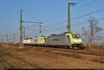 185 562-6 und 185 650-9 werden von 193 583-2  Mysterious  (Siemens Vectron) oberhalb der Leipziger Chaussee (B 6) Richtung Zugbildungsanlage (ZBA) Halle (Saale) überführt.