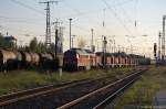 MEG 318 (232 690-8) Mitteldeutsche Eisenbahn GmbH mit einem Lokzug aus sieben z-gestellten V 90 und zwei z-gestellten V 60-West aus Maschen, bei der Ausfahrt aus dem Stendaler Güterbahnhof und