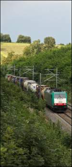 E186 234 (2842) ist mit einem KLV-Zug, vermutlich der Relation Antwerpen -> Italien, auf der Montzenroute in Richtung Aachen unterwegs. (03.08.2011)