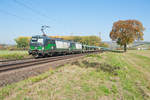 193 202 und eine weitere ELL Vectron mit einem leeren Autotransportzug bei Retzbach-Zellingen Richtung Würzburg, 13.10.2018