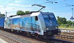 METRANS Rail s.r.o. mit  386 020-2  [NVR-Nummer: 91 54 7386 020-2 CZ-MT] und Containerzug am 13.06.19 Saarmund Bahnhof.