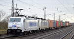 METRANS Rail s.r.o., Praha [CZ] mit  386 027-7  [NVR-Number: 91 54 7386 027-7 CZ-MT] und   386 008-7  [NVR-Nummer: 91 54 7386 008-7 CZ-MT] + Containerzug am Haken am 25.02.20 Durchfahrt Bf. Saarmund.