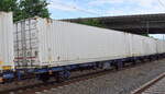 Gelenk-Flachwageneinheit zum Containertransport vom Einsteller ERMEWA SA mit der Nr. 27 TEN 80 D-ERSA 4377 073-6 Laagrs (GE) in einem gemischten Güterzug am 27.05.24 Höhe Bahnhof Hamburg-Harburg.
