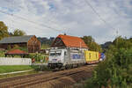 Metrans 386 004 überquerte am 10.10.2024 mit einem Containerzug den berühmten Bahnübergang mit dem Fachwerkhaus nahe Rathen, in Richtung Tschechien.