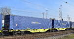 Gelenk-Containertragwagen vom Einsteller GATX Rail Germany GmbH mit der Nr. 37 TEN 80 D-GATXD 4953 092-6 Sggmrs (GE) in einem Ganzzug am 10.02.25 Höhe Bahnhof Frankfurt (Oder).