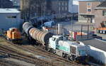 Die BEHALA Lok 277 406-5 (92 80 1277 406-5 D-BHL) schiebt einige Tankkesselwagen (Dieselkraftstoff) zum Tanklager des Berlin Westhafens, 25.02.19