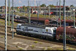 Kurz nach der Abfahrt des  Connecting Europe Express  (CEE) zieht 193 362-1  I am European  (Siemens Vectron) einen Gemischtwarenladen aus der Zugbildungsanlage (ZBA) Halle (Saale) in nördlicher