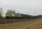 Das erste highlight, 152 005-5 (Claas) mit einem Schiebewandwagenzug am 01.03.2012 bei Waghusel