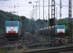 Die Cobra 2826 steht mit einem Gterzug und die Cobra 2824 steht mit einem Kesselzug in Aachen-West,beide bereit zur Abfahrt nach Belgien bei der Abendstimmung am 6.6.2012.