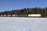 ES 64 F4 - 095  und die schwarze ES 64 F4-010 (189 910) und 482 047-8 mit Containern aus München Richtung Österreich bei Zorneding am 13.02.2015 bei immer noch winterlichen Fussboden.