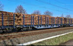 Vierachsiger Flachwagen für den Transport von Holzstämmen mit der Bezeichnung  Snps 52  (37 80 4725 767-0 D-ERR), gezogen von 187 316-5 in Braschwitz Richtung Halle (Saale).