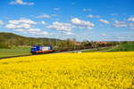 187 319 Raildox  Erfurt lockt  mit einem leeren Holzzug bei Lehrberg Richtung Würzburg, 22.05.2021