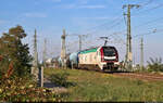 159 228-6 (Stadler Eurodual) mit Verbio-Schriftzug und Kesselwagen unterwegs oberhalb der Leipziger Chaussee (B 6) Richtung Abzweig Halle Thüringer Bahn.