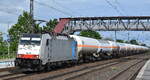 Railpool Lok  186 105  [NVR-Nummer: 91 80 6186 105-3 D-Rpool], aktueller Mieter? mit einem Ganzzug Druckgaskesselwagen (Propangas) am 07.05.24 Höhe Bahnhof Saarmund.