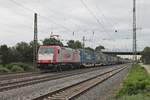 Mit einem  LKW Walter -KLV fuhr am 16.09.2016 die Beacon Rail/Crossrail 185 597-2 durch die Bahnanlagen von Müllheim (Baden) in Richtung Norden.