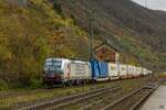 193 890 ecco Vectron mit KLV in Kaub am Rhein, November 2023.