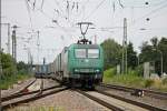 Ausfahrt vom Überholgleis in Müllheim (Baden) am 23.07.2014 von Crossrail 145-CL 005 mit einem LKW Walter KLV gen Süden.