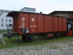 Aufgestellt im Rostocker Stadthafen steht dieser Gedeckte Gterwagen.Aufgenommen am 20.Mai 2013.
