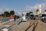 25.8.24: Die Gleis- und Bahnsteigbauarbeiten sind soweit abgeschlossen im Bahnhof Borkum Reede der Borkumer Kleinbahn.