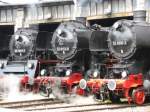 Dampflokomotiven der BR 35 1097-1, BR 52 8154-8, BR 52 9900-3 der DR stehen vor dem Lokschuppen des ex. Bw Halle P, 06.07.2008