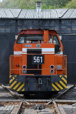 Frontalansicht der RBH-Diesellokomotive MaK DE 502  561  Mitte September 2018 in Bochum.