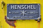 Herstellerschild auf der im Heimatmuseum  Unser Fritz  ausgestellten Dampfspeicherlokomotive. (Herne, August 2021)