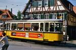 Sonderfahrt durch Gerlingen: TW 802 (Serie T2) und ein Beiwagen überqueren gleich die Durchgangsstraße von Gerlingen und fahren am Museum vorbei. 
Datum: 26.09.1986