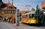 Als Gerlingen noch ein Dorf war fernab von Stuttgart, verlief die lange Straßenbahnschleife zunächst bis zur Feuerwache und dann wieder zurück Richtung Stuttgart. Am 26.09.1986 wartete an der dortigen Station TW 802 (Serie T2) mit Beiwagen auf seine Weiterfahrt.