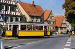 Sehr gefährlich war die Überquerung der Straße nach der Gerlinger Straßenbahnstation neben der Feuerwache, auch bei dieser Sonderfahrt mit TW 851 und Beiwagen 1390 am 26.09.1986. 