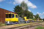 Die neuen SKL 6312, 6311 und 6313 sowie einige Bauzugwagen, gebaut von der Firma Robel in Freilassing, am 07.08.2016 im Bahnhof Obing.