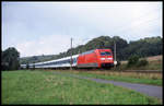 101098 ist hier mit dem Interregio nach Berlin am 29.8.1999 um 10.56 Uhr bei Westerkappeln - Velpe unterwegs.