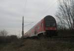 Hier ein RE3 von Elsterwerda nach Schwedt/Oder Hbf., am 23.3.2010 zwischen Schwedt/Oder Mitte und Schwedt/Oder Hbf.