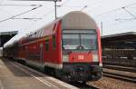 Hier ein RE7 (RE18256) von Berlin Zoologischer Garten nach Wünsdorf-Waldstadt, bei der Ausfahrt am 30.4.2012 aus Berlin Schönefeld Flughafen.