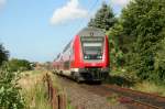 Reginalexpress von Lbeck-Travemnde nach Hamburg Hbf. am 28.6.2008 in Lbeck-Travemnde. Die Doppelstockzugeinheit mit Steuerwagen wird noch von einer 218 geschoben.

