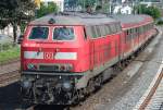 Die 218 408-3 schiebt die RB Hunsrckbahn aus Emmelshausen in den Zielbahnhof Boppard HBF am 05.06.2010