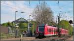 Am frühen Vormittag des 17.April 2014 fährt die Rhein Niers Bahn durch den Bahnhof von Kohlscheid (Kr.Aachen).
