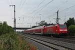 Nachschuss auf 146 109-4  Baden Württemberg erfahren/Lahr (Schwarzw.)  am 10.06.2015, als sie einen RE (Basel Bad Bf - Offenburg) aus dem Bahnhof von Müllheim (Baden) schob.