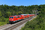 Die 111 158 begann einst ihre Karriere im S-Bahndienst beim BW Düsseldorf 1. Bis auf ein Intermezzo in Frankfurt war die ursprünglich in kieselgrau orange lackierte Lok ausschließlich in Nordrhein-Westfalen beheimatet. Somit zählt sie zu den ganz wenigen Exemplaren der Baureihe 111, die nie in München stationiert waren. Zum Aufnahmezeitpunkt war 111 158 allerdings von DB Gebrauchtzug leihweise nach Bayern abgegeben worden. Am 06. August 2024 bespannte sie die RB 59154 nach Nürnberg HBF. Der Zug verkehrte als Ersatzgarnitur anstelle des planmäßigen Triebzuges der Baureihe 445. Entstanden ist die Aufnahme bei Esslingen im Altmühltal, kurz nach Verlassen des gleichnamigen Tunnels.