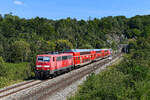 Hergestellt bei Krauss-Maffei und Siemens begann die 111 148 im Jahre 1980 ihre Karriere im S-Bahndienst beim BW Düsseldorf 1. Die ursprünglich in kieselgrau orange lackierte Lok war lange in Nordrhein-Westfalen beheimatet, danach wechselten die Beheimatungen zwischen Nürnberg und München. Am 03. September 2024 bespannte sie in einem eher mäßigen Pflegezustand die RB 59154 nach Nürnberg HBF. Der Zug verkehrte als Ersatzgarnitur anstelle des planmäßigen Triebzuges der Baureihe 445. Entstanden ist die Aufnahme bei Esslingen im Altmühltal, kurz nach Verlassen des gleichnamigen Tunnels.