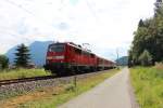 17.06.2014; 111 031 mit RB nach Reutte in Tirol; hier zwischen Garmisch-Partenkirchen Hausbergbahn und Untergrainau; -425 Ersatzzug-