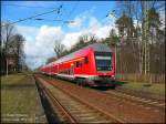 Der strahlende Sonnenschein war am 02.03.07 wirklich nicht der Standard. Um so schner prsentiert sich hier der RB26371 im Bf Fermerwalde. Zur Zeit verkehrt er in beiden Richtungen vom Gl.2, da das Streckengleis nach Falkenberg/E. wegen Neubau des Kreuzungsbauwerkes der Berlin-Anhaltinischen Bahn gesperrt ist. 