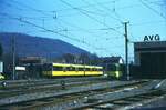 AVG Albtalbahn Bf. Ettlingen mit S-DT 8.1 der SSB Nr. 3001+3002 MAN,AEG,Siemens 1981; als Prototypen zu Testfahrten auf der Albtalbahn (da SSB damals noch überwiegend Meterspur); 3001 im Straßenbahnmuseum Stuttgart (SHB)