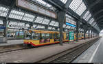 AVG Wagen 884 zusammen mit einem Stadtbahnfahrzeug der älteren Generation am 2. November 2017 als S81 im Hauptbahnhof Karlsruhe.