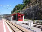 Bahnhof Forbach im Murgtal am 14.07.2003. Die Albtal Verkehrsgesellschaft (AVG), eines der Verbund-Unternehmen im KVV, hat hier auch eine Halle fr seine Stadtbahn-Wagen errichtet.