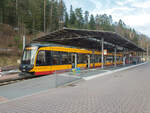 Zug 368 der Karlsruher Stadtbahn mit der Linie S1 nach Hochstetten in Bad Herrenalb, 03.01.2021.