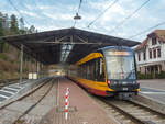 Zug 368 der Karlsruher Stadtbahn mit der Linie S1 nach Hochstetten in Bad Herrenalb, 03.01.2021.