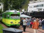 Historische Straenbahn der Albtal Verkehrs Gesellschaft (AVG), einem Unternehmen des Karlsruher Verkehrs Verbundes (KVV), am 22.08.2004 beim Bahnhofsfest in Bad Herrenalb.