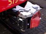 Neue Kupplung von Stadtbahnwagen 575 nach einem Unfall neu eingebaut. Die rote Haube soll vor Schnee und Rost schtzen. 20.02.2005